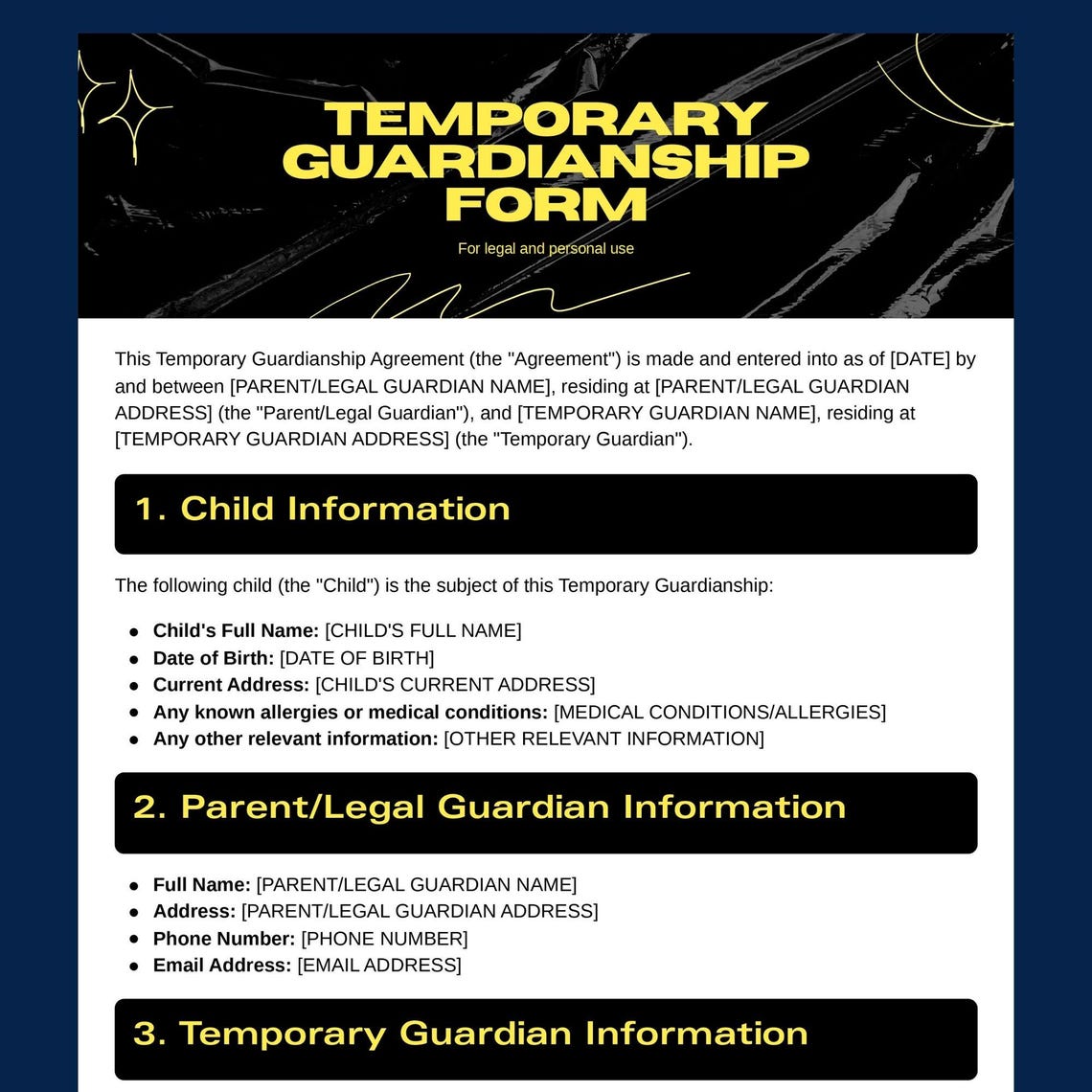 Temporary Guardianship Agreement Form Printable | Child Care Legal ...
