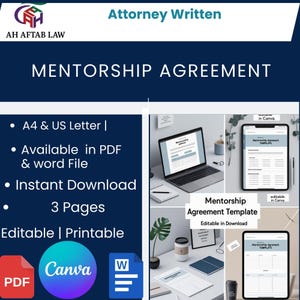 May include: A navy blue graphic with the text "MENTORSHIP AGREEMENT" and "Attorney Written." The image includes a laptop and tablet displaying the agreement template. Additional text includes "A4 & US Letter," "Available in PDF & word File," and "Instant Download."