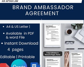 Editable Brand Ambassador Agreement Template, Influencer Marketing Contract, Social Media Partnership, Instant Digital Download