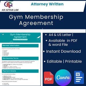 Op de afbeelding: Een digitale sjabloon voor een sportschoollidmaatschapsovereenkomst met de tekst "Gym Membership Agreement". Het document bevat secties voor ledeninformatie, lidmaatschapsvoorwaarden en betalingsgegevens. Beschikbaar in PDF- en Word-bestandsformaten, het is bewerkbaar en afdrukbaar.