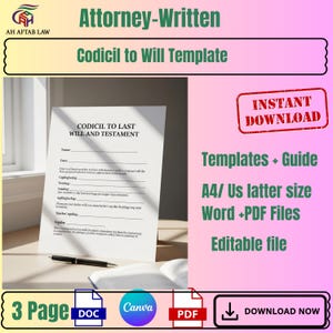 Codicil to Will Template | Legal Will Amendment Form | Editable PDF & Word | U.S. Estate Planning