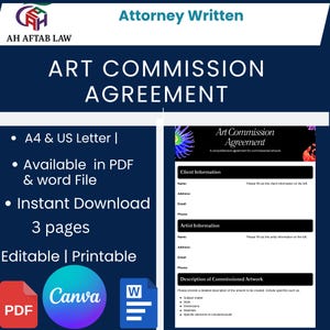 May include: A dark blue document titled "ART COMMISSION AGREEMENT" with the text "Attorney Written" at the top. The document is available in PDF and Word file formats, and is editable and printable. Includes a Canva and Word icon.