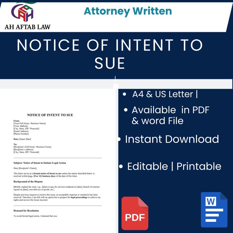 Notice of Intent to Sue Template: Customizable Legal Letter PDF & Word ...