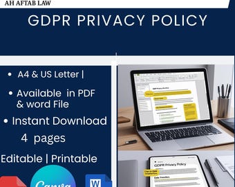 Modelo editável de Política de Privacidade GDPR, Proteção de Dados da UE, Contrato de Conformidade com o Site, Download Digital Imediato