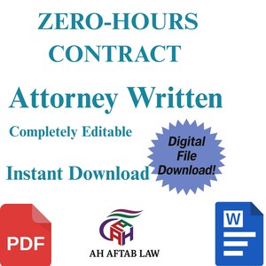 May include: A digital file advertisement with the text "ZERO-HOURS CONTRACT Attorney Written" in teal. Additional text includes "Completely Editable" and "Instant Download." A blue starburst graphic reads "Digital File Download!" with PDF and Word document icons.