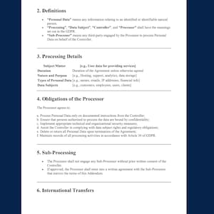 May include: A document with definitions and details related to data processing. Sections include definitions of terms like "Personal Data" and "Processor", processing details, obligations, sub-processing, and international transfers. The text is in black font on a white background.