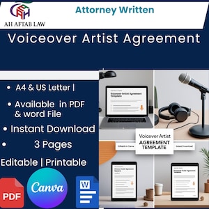 Könnte beinhalten: Ein digitales Dokument mit dem Titel "Voiceover Artist Agreement" mit dem Text "Attorney Written" und "AH AFTAB LAW". Das Dokument ist in PDF- und Word-Formaten verfügbar und ist editierbar und druckbar. Das Bild enthält einen Laptop, ein Tablet und ein Mikrofon.