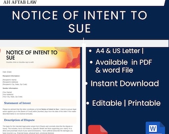 May include: A digital template for a Notice of Intent to Sue, attorney-written. The document is available in PDF and Word formats, printable and editable. The design includes the AH AFTAB LAW logo and the text "Notice of Intent to Sue."