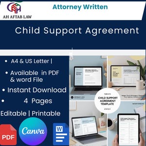 May include: A digital template for a "Child Support Agreement" with the text "Attorney Written." The image shows the agreement on laptops, tablets, and phones. Features include PDF and Word file availability, instant download, and Canva compatibility.
