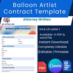 Może przedstawiać: Niebiesko-biały szablon umowy dla artystów balonowych. Dokument zawiera sekcje dotyczące informacji o kliencie i artyście, szczegółów wydarzenia i świadczonych usług. Dostępny w formatach PDF i Word, w pełni edytowalny i do wydruku.