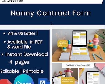 Editable Nanny Contract Form Template, Childcare Employment Agreement, Babysitter Contract, Instant Digital Download