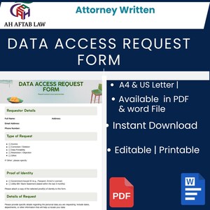 Op de afbeelding: Een digitaal gegevensverzoekformulier, geschreven door een advocaat, met een blauw en wit ontwerp. Het formulier bevat secties voor aanvragergegevens, type verzoek, identiteitsbewijs en details van het verzoek. Beschikbaar in PDF- en Word-bestandsformaten.