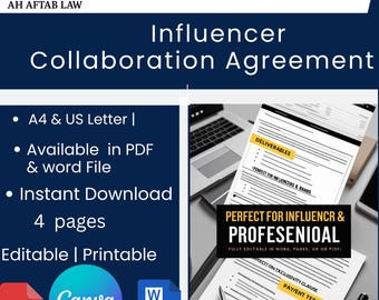 Editable Influencer Collaboration Agreement Template, Social Media Contract, Brand Partnership Agreement, Digital Download