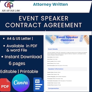 Può includere: Un documento digitale intitolato "Event Speaker Contract Agreement" con il testo "Attorney Written" in alto. Il documento è disponibile nei formati PDF e Word, è modificabile e stampabile. Include sezioni per i dettagli dell'evento e le informazioni sull'oratore.