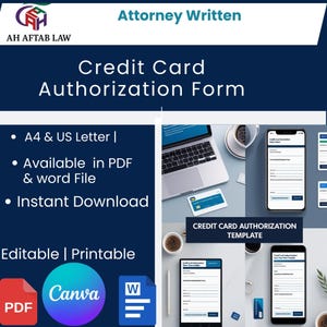 May include: A dark blue graphic with the text "Attorney Written" and "Credit Card Authorization Form." Additional text includes "A4 & US Letter," "Available in PDF & word File," and "Instant Download." The image also shows a laptop, credit card, and smartphones.