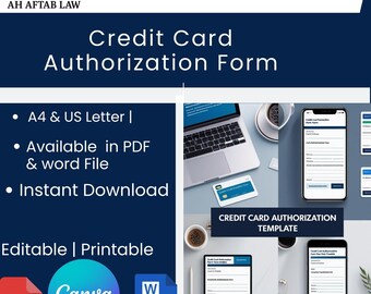Könnte beinhalten: Dunkelblaue Grafik mit dem Text "Attorney Written" und "Credit Card Authorization Form". Zusätzlicher Text enthält "A4 & US Letter", "Verfügbar in PDF & Word-Datei" und "Sofort-Download". Das Bild zeigt auch einen Laptop, eine Kreditkarte und Smartphones.