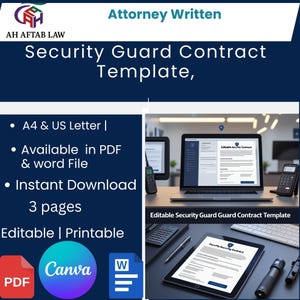 May include: A dark blue graphic with the text "Attorney Written" and "Security Guard Contract Template." Additional text includes "A4 & US Letter," "Available in PDF & word File," and "Instant Download." The image also shows a laptop and tablet displaying the contract.