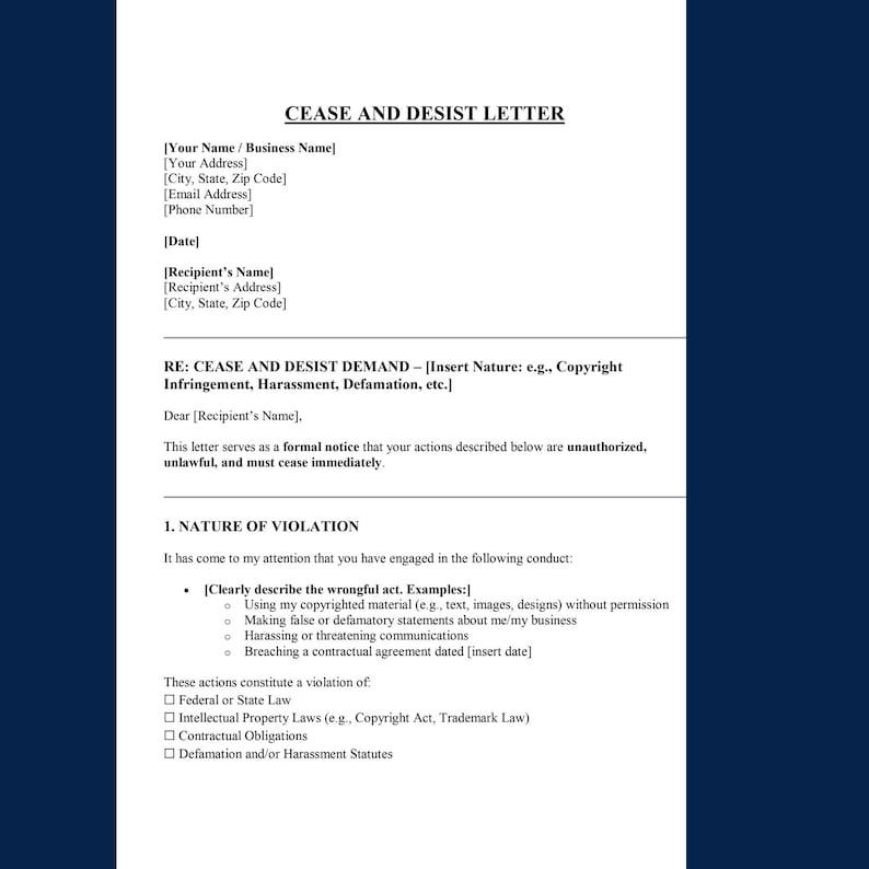 Custom Cease and Desist Letter Template | Legal Document for Copyright ...