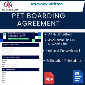 Könnte beinhalten: Ein dunkelblaues Dokument mit dem Titel "Pet Boarding Agreement" mit ausfüllbaren Feldern für Geschäfts- und Tierhalterinformationen. Enthält ein "Pet Grooming Release Form" und ist als PDF- und Word-Datei verfügbar. Der Text ist von einem Anwalt verfasst.