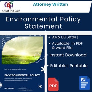 以下が含まれることがあります： 「Environmental Policy Statement」と「Attorney Written」のテキストが入った濃い青色のドキュメント。風景画像とPDFとWordファイルのアイコンが含まれています。A4とUSレターサイズで利用可能です。