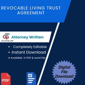 Puede incluir: Gráfico digital con el texto "REVOCABLE LIVING TRUST AGREEMENT" en blanco sobre un fondo azul oscuro. La imagen incluye el texto "Attorney Written", "Completely Editable", "Instant Download" y "Available in PDF & word File". También hay un icono de archivo PDF y Word.