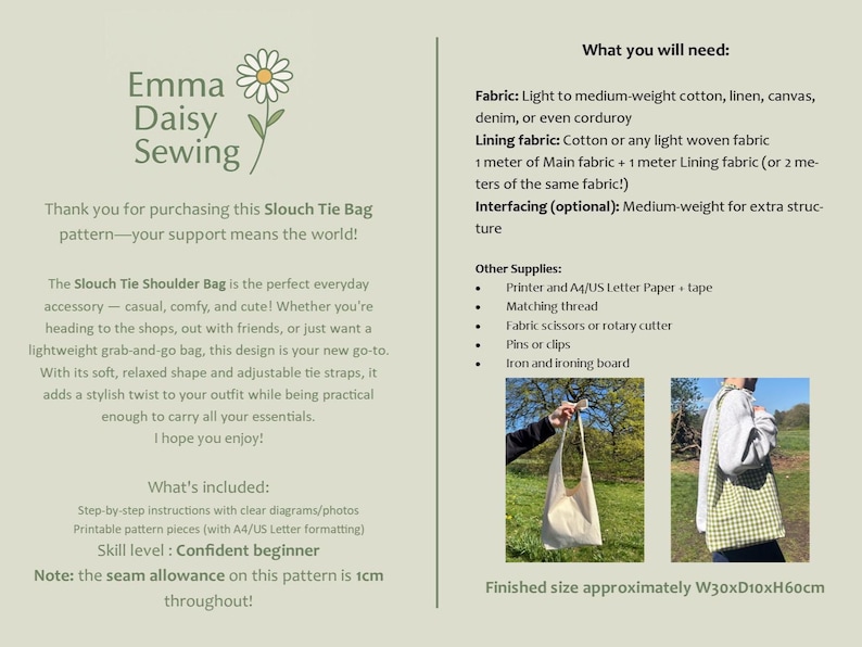 K&ouml;nnte beinhalten: Ein Schnittmuster f&uuml;r eine Schultertasche mit Schlaufenband. Das Schnittmuster enth&auml;lt Anleitungen, Diagramme und druckbare Teile. Die fertige Tasche misst 76 cm in der Breite, 25 cm in der Tiefe und 152 cm in der H&ouml;he. Das Schnittmuster ist f&uuml;r einen selbstbewussten Anf&auml;nger geeignet und beinhaltet eine Nahtzugabe von 1 cm.