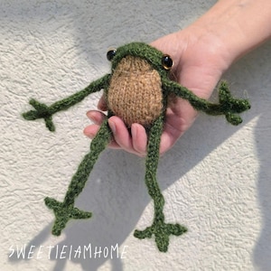 Könnte beinhalten: Eine handgefertigte, grüne und braune Froschspielzeug mit großen schwarzen Augen. Der Frosch hat lange, ausgestreckte Gliedmaßen und wird in einer Hand gehalten. Der Bauch des Frosches ist hellbraun, und der Text "SWEETIEIAMHOME" ist sichtbar.