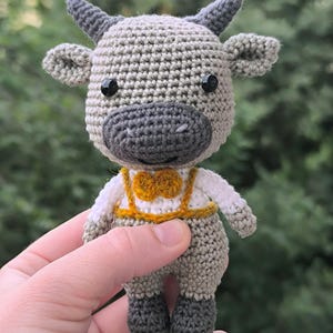 Crochet goat plush toy handmade amigurumi stuffed animal soft cotton billy goat with yellow suspenders and a bowtie gift