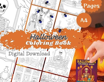 May include: A Halloween coloring book with the text "Halloween Coloring Book" and "Digital Download". The cover features a skeleton and other Halloween-themed illustrations. The image also shows a page with various Halloween-themed drawings, including skeletons and spiders.