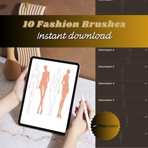 Può includere: Un tablet digitale mostra illustrazioni di figure di moda, alcune evidenziate in arancione. Il testo "10 Fashion Brushes Instant download" è in alto. Una penna stilo è tenuta vicino al tablet. Il logo Procreate è visibile.