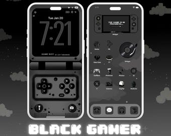 May include: A black and white phone screen displays a custom interface with a Game Boy theme. The lock screen shows the time and date. The home screen features app icons, widgets, and a vinyl record player widget. The text "BLACK GAMER" is at the bottom.