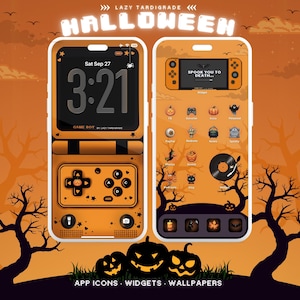May include: Orange and white Halloween-themed phone screens with app icons, widgets, and wallpapers. One screen displays a Game Boy design with the time 3:21. The other screen shows a game controller design with the text "SPOOK YOU TO DEATH..."