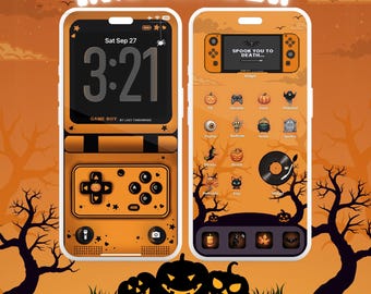 May include: Orange and white Halloween-themed phone screens with app icons, widgets, and wallpapers. One screen displays a Game Boy design with the time 3:21. The other screen shows a game controller design with the text "SPOOK YOU TO DEATH..."