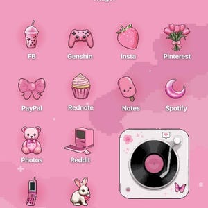 May include: A pink and white pixelated phone home screen with various app icons. The icons include a pink cup of boba tea, a pink game controller, a pink strawberry, a pink bouquet of flowers, a pink bow, a pink cupcake, a pink popsicle, a pink crescent moon, a pink teddy bear, a pink computer, a pink record player, a pink phone, a pink bunny, a pink phone, a pink cherry blossom branch, a pink playing card, and a pink cup of coffee.