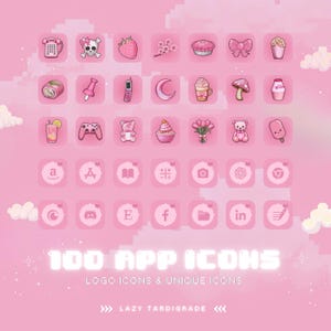 May include: A collection of 100 pink app icons with various designs, including a phone, a skull, a strawberry, a cupcake, a flower, a mushroom, a milk carton, a game controller, a book, a camera, a crescent moon, a Discord logo, a letter E, a Facebook logo, a folder, a LinkedIn logo, and a pen. The text "100 APP ICONS" and "LOGO ICONS & UNIQUE ICONS" is displayed in white neon letters. The text "LAZY TARDIGRADE" is displayed in white letters with arrows on either side.