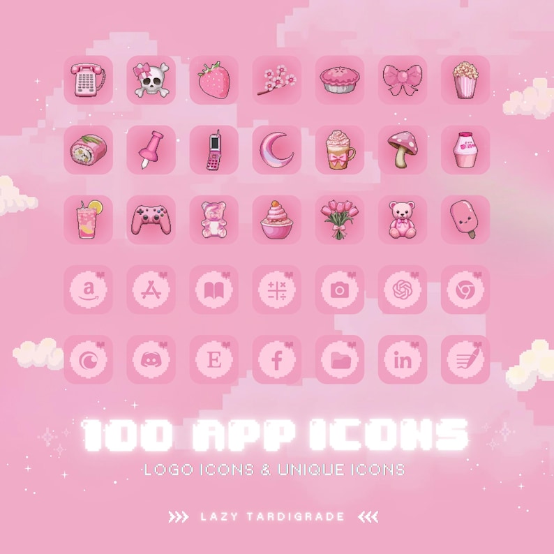 May include: A collection of 100 pink app icons with various designs, including a phone, a skull, a strawberry, a cupcake, a flower, a mushroom, a milk carton, a game controller, a book, a camera, a crescent moon, a Discord logo, a letter E, a Facebook logo, a folder, a LinkedIn logo, and a pen. The text "100 APP ICONS" and "LOGO ICONS & UNIQUE ICONS" is displayed in white neon letters. The text "LAZY TARDIGRADE" is displayed in white letters with arrows on either side.