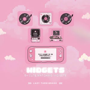 May include: A set of five pink and white digital widgets for a phone or computer screen. The widgets feature a game over screen, a game in progress screen, and three different record players. The text "WIDGETS" is written in white with a pink outline. The text "5+ CUTE MATCHING WIDGETS" is written in white below the word "WIDGETS". The text ">>> LAZY TARDIGRADE <<<" is written in white below the text "5+ CUTE MATCHING WIDGETS".