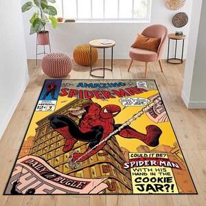 Alfombra retro de héroe de cómic, alfombra de héroe balanceándose en rojo y azul, alfombra de estilo vintage para habitación infantil, decoración del hogar con arte de cómic de superhéroes