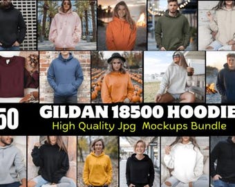 Gildan 18500 Hoodie Mockup Bundle: 50 High-Res JPGs (Digital Download)