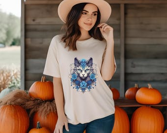 Witchy Black Cat T-Shirt: Gothic Floral Halloween Comfort Colors Tee