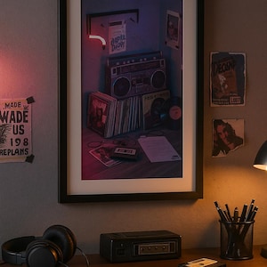Lo-fi Vinyl Wall Art – Retro Boombox, Cassette Tapes & Neon Music Corner Print