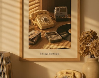 Retro Analog Desk Wall Art – Vintage Phone, Gameboy & Cassette Decor Print