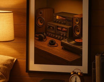 May include: A framed print of a vintage stereo system with speakers, a turntable, and headphones. The image is set on a wooden surface, with a bedside table, lamp, and alarm clock in the foreground. The color palette is warm, with brown and beige tones.