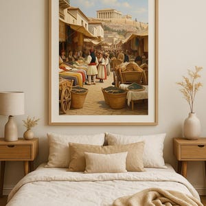 May include: A framed print depicts a bustling marketplace scene with people in traditional attire. The artwork showcases a sunny day with buildings and a distant temple. The print is displayed above a bed with neutral-toned bedding and wooden nightstands.