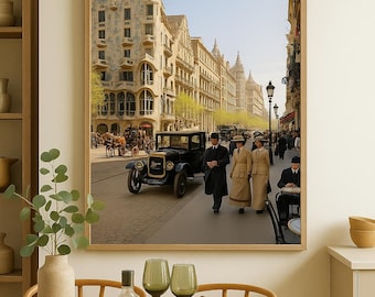 Vintage Barcelona Street Scene – Gaudí Casa Batlló & Early 1900s City Life Digital Wall Art