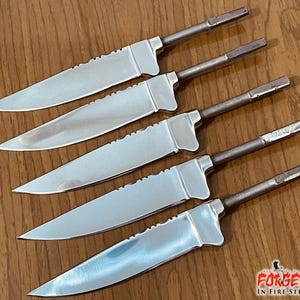 May include: Five silver knife blades with a serrated edge and a rounded tip. The blades are arranged in a row, with the longest blade at the top and the shortest blade at the bottom. The blades are all made of the same material and have a similar design.