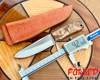 Custom Handmade Stainless Steel Skinner Knife Maple Burl Wood Handle with Leather Sheath