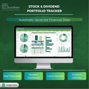 Peut inclure: Un écran d'ordinateur affiche un suivi de portefeuille boursier et de dividendes avec des visualisations de données. L'écran présente un aperçu du portefeuille, avec des options pour les données en temps réel, un tableau de bord dynamique et un calendrier des dividendes. Le logo EverSheet est visible.