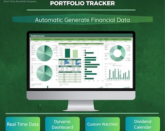 May include: A computer monitor displays a financial portfolio tracker with charts and data visualizations. The screen shows a portfolio overview, with options for real-time data, a dynamic dashboard, custom watchlist, and a dividend calendar. The EverSheet logo is in the top left.