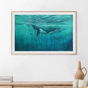 Póster con marco: Latidos del Oceano - BALLENA CON BUCEADORA